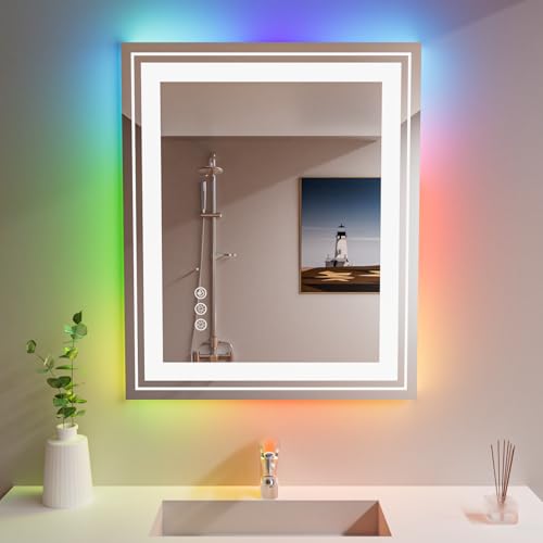 Snowdool 30 x 36 in RGB LED Bathroom Mirror, Front and Backlit, Anti-Fog | 8 RGB Backlight Modes, 3 Front Light Colors, Anti-Fog, Tempered Glass - size: 30"L x 36"W