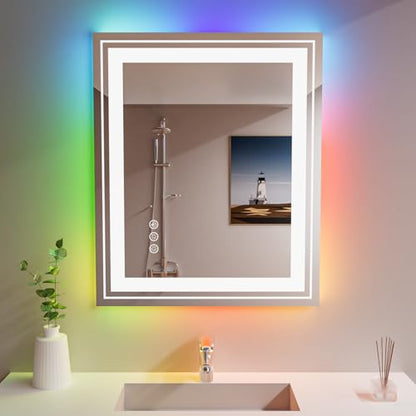 Snowdool 30 x 36 in RGB LED Bathroom Mirror, Front and Backlit, Anti-Fog | 8 RGB Backlight Modes, 3 Front Light Colors, Anti-Fog, Tempered Glass - size: 30"L x 36"W
