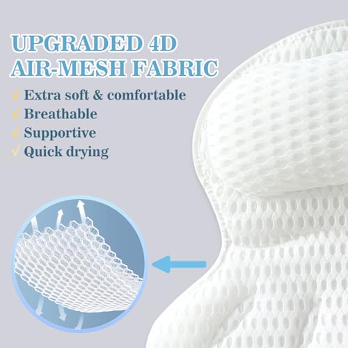 Bath Pillows for Tub - Soft, Relaxing Bathtub Accessory, Quick-Dry 4D Mesh | Head/Neck/Back Support, 6 Non-slip Suction Cups, Machine Washable, Wash Bag Included, Bath Essentials, Spa Gifts for Women