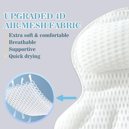 Bath Pillows for Tub - Soft, Relaxing Bathtub Accessory, Quick-Dry 4D Mesh | Head/Neck/Back Support, 6 Non-slip Suction Cups, Machine Washable, Wash Bag Included, Bath Essentials, Spa Gifts for Women