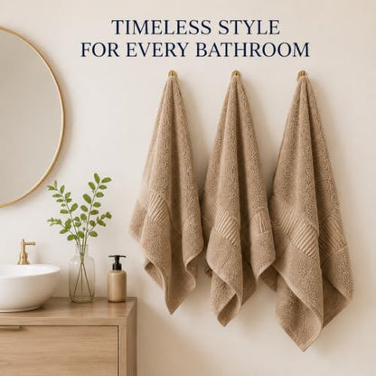 Towel Set for Bathroom, 3 Piece Turkish Cotton Bath Hand and Wash Towels | Mixed size set in Taupe Quartz, 600 gram weight. Double stitched hems suit family and guest use. - color: Taupe Quartz
