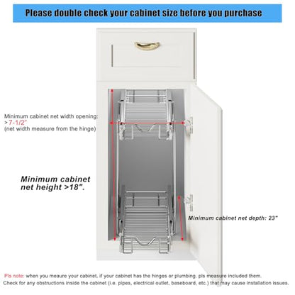 DINDON Pull Out Cabinet Organizer (7-1/2" W x 21-1/2"D), Cabinet Pull Out Shelves, 2 Tier Pull Out Drawers for Kitchen Cabinets, Wire Basket Slide Out Shelf for Cabinet Organization - size: 7-1/2" W X 21-1/2" D