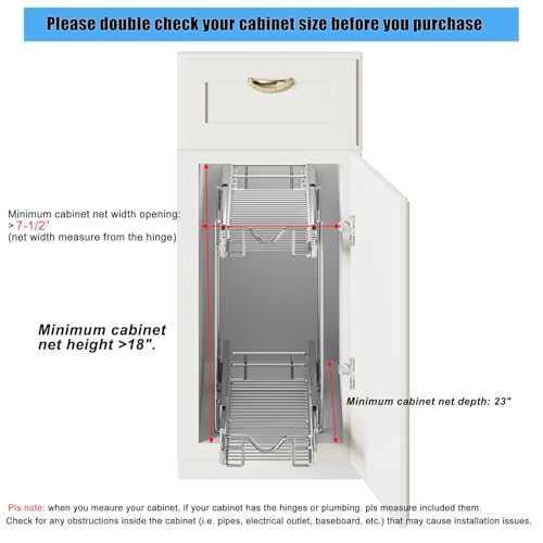 DINDON Pull Out Cabinet Organizer (7-1/2" W x 21-1/2"D), Cabinet Pull Out Shelves, 2 Tier Pull Out Drawers for Kitchen Cabinets, Wire Basket Slide Out Shelf for Cabinet Organization - size: 7-1/2" W X 21-1/2" D