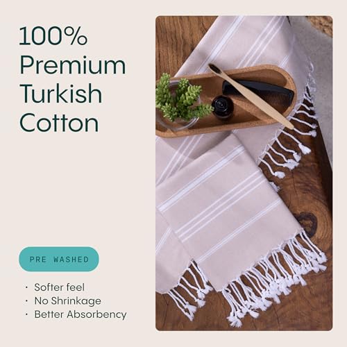 WETCAT Turkish Hand Towels with Hanging Loop, Set of 2 (20" x 30") 100% Turkish Cotton, Pre-Washed, Quick Drying, for Kitchen or Bathroom - Beige - color: Beige