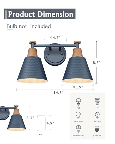 FEMILA 2 Light Bathroom Vanity Light, 15" Modern Bathroom Lighting Fixtures Over Mirror, with Woodgrain Finsih, 4FG59B-2W Blue-NW - color: Navy Blue & New Woodgrain, size: 15"