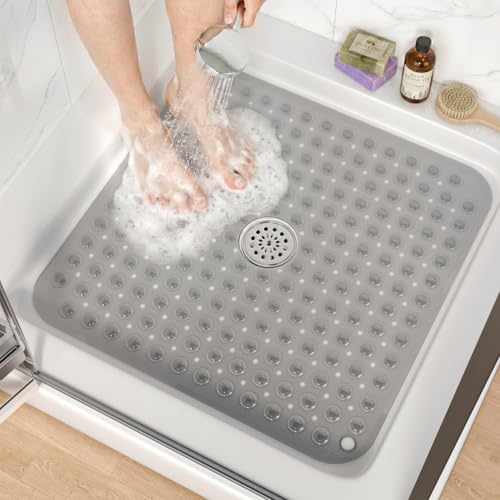 HITSLAM Square Shower Mat, Non Slip PVC Stall Mat, 24"x24", Grey | Power Grip Suction Cups, Center Drain Hole, Built-In Hanging Holes, Machine Washable Bathroom Floor Mat, Soft On Feet - color: Smoke Grey