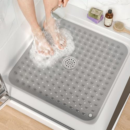 HITSLAM Square Shower Mat, Non Slip PVC Stall Mat, 24"x24", Grey | Power Grip Suction Cups, Center Drain Hole, Built-In Hanging Holes, Machine Washable Bathroom Floor Mat, Soft On Feet - color: Smoke Grey