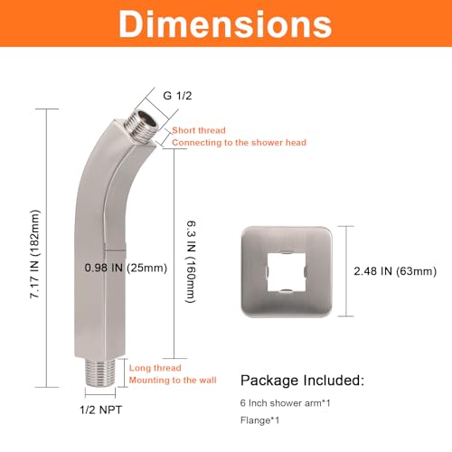 Shower Arm with Flange and Teflon Tape, Wall Mounted Square Shower Pipe 304 Stainless Steel Extension Arm for Fixed Shower Head & Handheld Shower (6 Inch, Brushed Nickel) - color: Brushed Nickel, style: 6 Inch