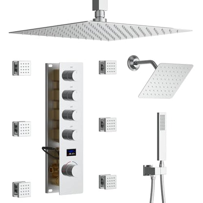 Chrome Shower System Tempreature Display Shower Fuacet Set | 12 inch and 8 inch Full Body Shower Head, with 6 PCS Body Jet and Handheld Spray - color: Chrome, size: 12+8 inch