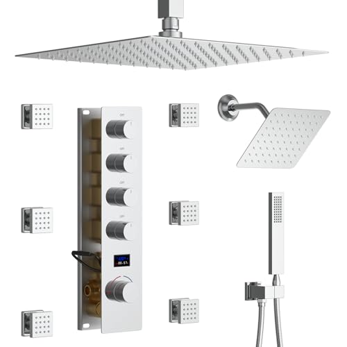 Chrome Shower System Tempreature Display Shower Fuacet Set | 12 inch and 8 inch Full Body Shower Head, with 6 PCS Body Jet and Handheld Spray - color: Chrome, size: 12+8 inch