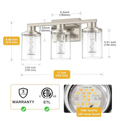 L LOHAS LED 3-Light Bathroom Vanity Light, Nickel, 5CCT, Remote Control | 5CCT Dimmable Acrylic Bathroom Light Fixtures with Clear Glass Shades and Remote Control