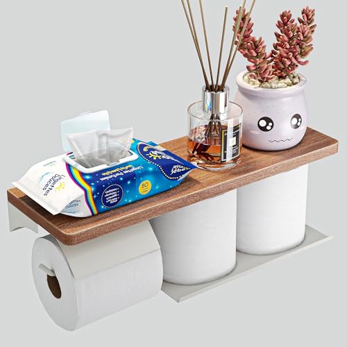 Wall Mounted Double Roll Toilet Paper Holder with Shelf Storage,White | 16" x 5.31" Real Walnut Shelf| Holds 2 Rolls| Protective Top Shelf Keeps Paper Dry| Rust-Resistant Steel Build | Screw Mount - color: White