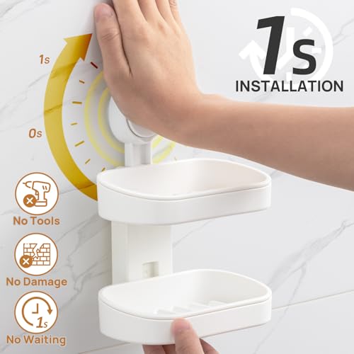 Soap Holder, Soap Dish for Shower, Suction Cup Bar Soap Holder | 2 Layer Soap Bar Holder for Shower, Wall Mounted Self Draining, NO Drill Sponge Holder for Bathroom, Bathtub Kitchen Sink - style: 2 tiers White