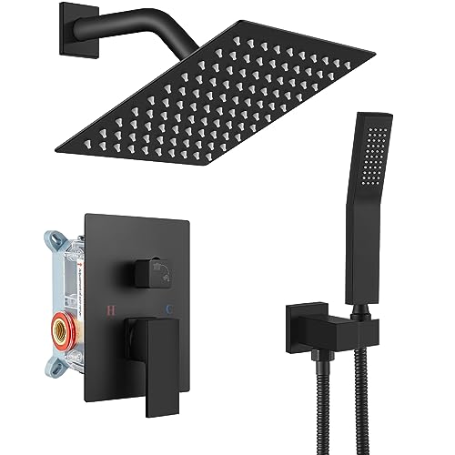 gotonovo Rainfall Bathroom Shower System Rain Shower Head and Handle Set Wall Mounted Shower Complete Combo Solid Brass Pressure Balancing Shower Mixer Valve 8 Inch Matte Black - color: Matte Black, size: 8 Inch