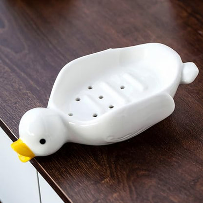 Cute Ceramic Soap Dish Self Draining Adorable Duck Shaped Kitchen Sink Soap Organizer for Bathroom Quick Drying Soap Holders - color: White Duck-1
