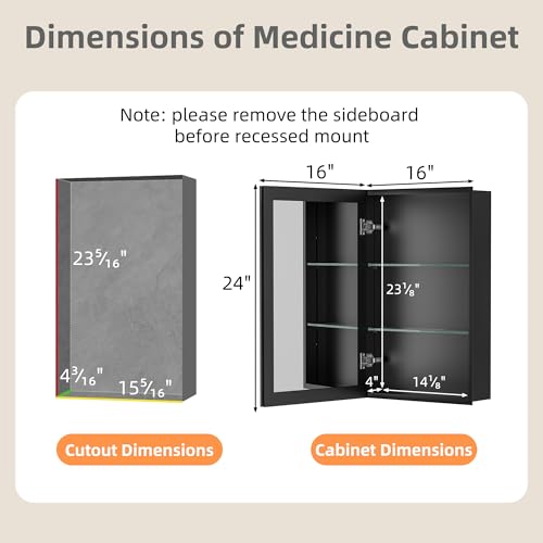 16x24 Inch Medicine Cabinet with Mirror, Aluminum Medicine Cabinet, Black | Tempered Beveled Edge Mirror Single Door, Adjustable Glass Shelves, Surface or Recessed Mount Bathroom Mirrors with Storage - size: 16 in. x 24 in.