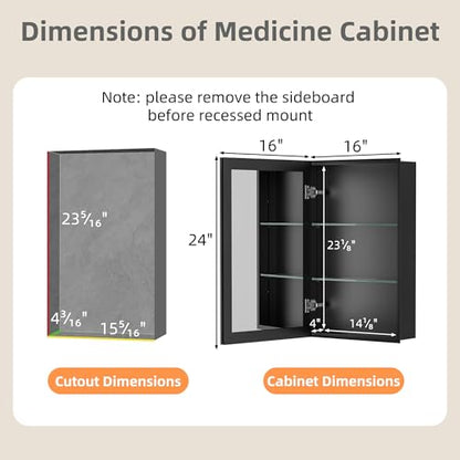 16x24 Inch Medicine Cabinet with Mirror, Aluminum Medicine Cabinet, Black | Tempered Beveled Edge Mirror Single Door, Adjustable Glass Shelves, Surface or Recessed Mount Bathroom Mirrors with Storage - size: 16 in. x 24 in.