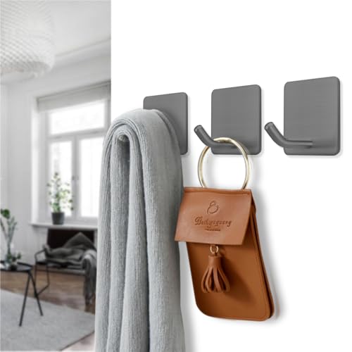 Adhesive Towel Hooks Stick on Towel Hanger Wall Hooks Waterproof Stainless Steel Sticky Hooks for Hanging Bathroom Kitchen Home Grey -4 Packs - color: Gray