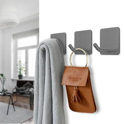 Adhesive Towel Hooks Stick on Towel Hanger Wall Hooks Waterproof Stainless Steel Sticky Hooks for Hanging Bathroom Kitchen Home Grey -4 Packs - color: Gray