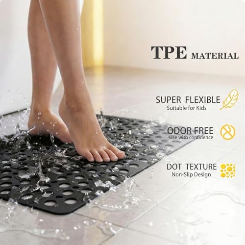 Nonslip Bathtub Mat Extra Soft TPE Bath Mat for Kids, Machine Washable Bathroom Shower Mat(Black, 30L x 17W Inch) - color: Black, size: 30" x 17" (Rectangular)