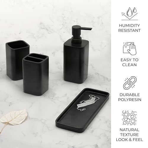 Bathroom Accessory Sets, 4 Pieces Bathroom Accessories Complete Set Vanity Countertop Accessory Set, Includes Lotion Dispenser Soap Pump, Tumbler, Toothbrush Holder and Tray (Matte Black) - color: Matte Black