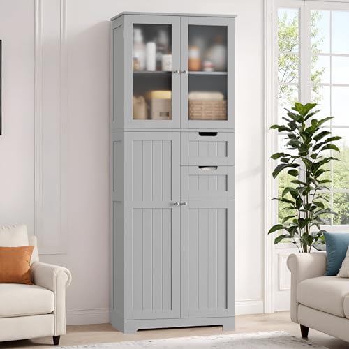 BOTLOG 67'' Tall Bathroom Storage Cabinet with Adjustable Shelf | Frosted Glass Doors, Wood Drawers, Kitchen Pantry Line Cabinet for Kitchen Bathroom, Living Room, Grey - color: Light Grey