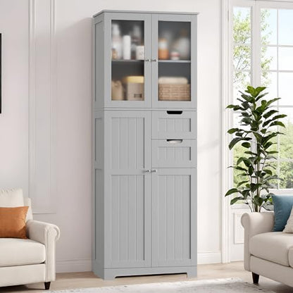 BOTLOG 67'' Tall Bathroom Storage Cabinet with Adjustable Shelf | Frosted Glass Doors, Wood Drawers, Kitchen Pantry Line Cabinet for Kitchen Bathroom, Living Room, Grey - color: Light Grey