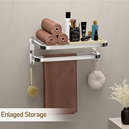 15 Inch Bathroom Towel Rack Towel Shelf with Double Towel Bars Lavatory Wall Mount Holder with Hooks Stainless Steel Hotel Bath Rack - color: Silver 1