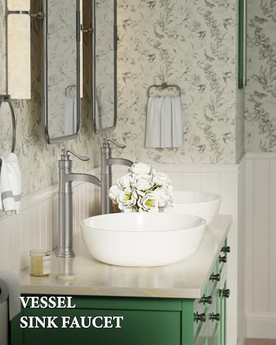 Vessel Sink Faucet Tall Bathroom Faucets Waterfall Brushed Nickel Brass | Single Handle 1 Hole with Pop Up Drain and Supply Line Farmhouse Lavatory Vanity by Homevacious - color: Brushed Nickel