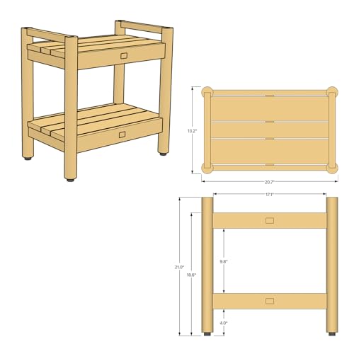 Asta Select Solid Teak 20" Shower Bench with Arms, Portable Teak Wood Spa/Shower/Outdoor Bench with Storage Shelf, Accent Side Table, Fully Assembled, ST-61A