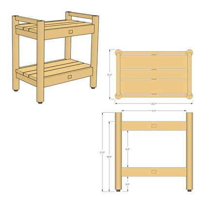 Asta Select Solid Teak 20" Shower Bench with Arms, Portable Teak Wood Spa/Shower/Outdoor Bench with Storage Shelf, Accent Side Table, Fully Assembled, ST-61A