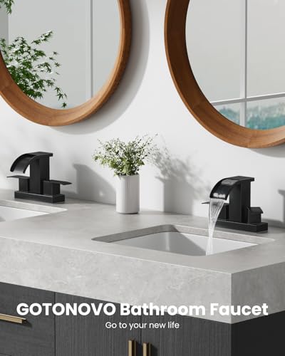 gotonovo Waterfall 4’’ Centerset Bathroom Sink Faucet Matte Black | 2 Handle Bathroom Faucet,SUS304,2 or 3 Hole,2.17’’ Wide Spout,24’’ cUPC Water Line,Pop Up Drain,Vanity,RV,Lavatory Modern Tap - color: Black