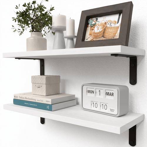 RICHER HOUSE Rustic Wood Floating Shelves, 2-Set Wall Mounted Shelves, 16In | Farmhouse Hanging Shelf for Wall Décor, Heavy Duty Book Shelf for Living Room, Bathroom Bedroom Kitchen Storage, White - color: White