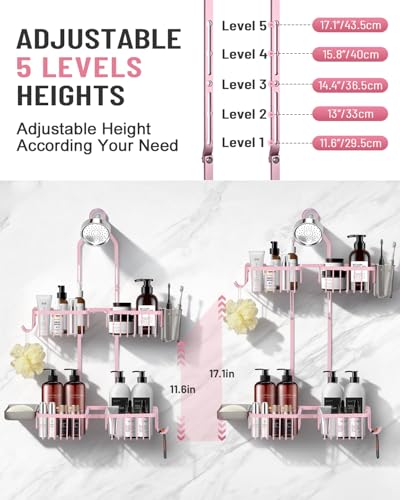 Adjustable Shower Caddy Hanging for Handheld Showerheads - Never Rust Shower Hanging Organizer, Upgraded Bathroom Shower Rack with Soap Basket, Hooks and Toothbrush Holder (Pink) - color: Pink