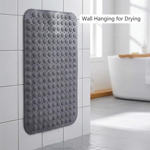 Double-Sided Anti-Slip Bath Tub Mat with Suction Cups and Drain Holes, Textured Surface, Bathtub Rug for Safety and Relaxation, 31.5" x 16" Grey