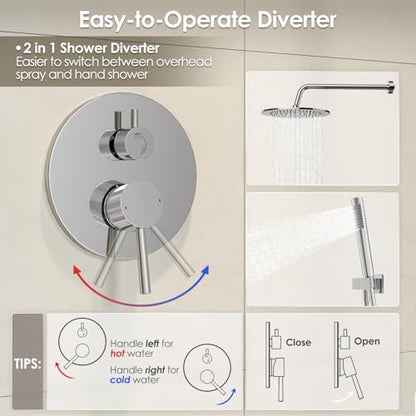 Gabrylly Shower System, 10" Wall Mounted Shower Faucet Set, Chrome | Rain Shower Head with Handheld Spray Combo, All Metal Rainfall Shower Head Complete Set Shower Mixer Valve for Bathroom - color: Chrome