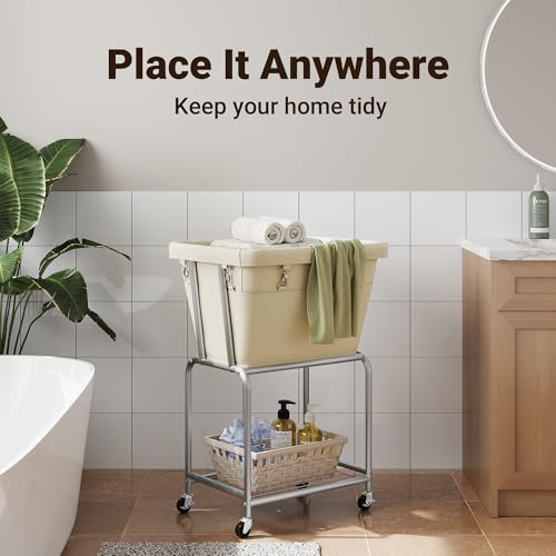 ELYKEN Rolling Laundry Hamper with Wheels, Removable Bag, Laundry Cart | Heavy Duty Metal Frame, 2-Tier Clothes Basket with Shelf, Ideal for Closet, Bedroom, Bathroom & Laundry Room - color: Cream, size: 20.3"L x 15.9"W x 30.9"H