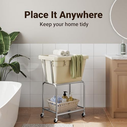 ELYKEN Rolling Laundry Hamper with Wheels, Removable Bag, Laundry Cart | Heavy Duty Metal Frame, 2-Tier Clothes Basket with Shelf, Ideal for Closet, Bedroom, Bathroom & Laundry Room - color: Cream, size: 20.3"L x 15.9"W x 30.9"H
