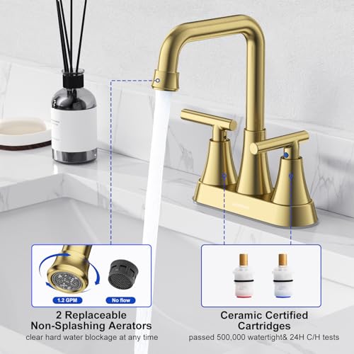Brushed Gold 4 inch Centerset Bathroom Faucet for Sink 2-3 Hole | Bathroom Sink Faucet with Pop-up Drain and Supply Lines, Stainless Steel 2-Handle Centerset Faucet for Vanity RV Restroom - color: Brushed Gold