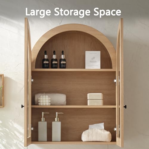 Bathroom Arched Wall Cabinet, 23.5'' Wide Medicine Cabinet, Bathroom Cabinet Wall Mount W/ Glass Doors & Adjustable Shelves, Over The Toilet Storage Cabinet for Laundry Room, Bedroom,Kitchen,Natural - color: Natural