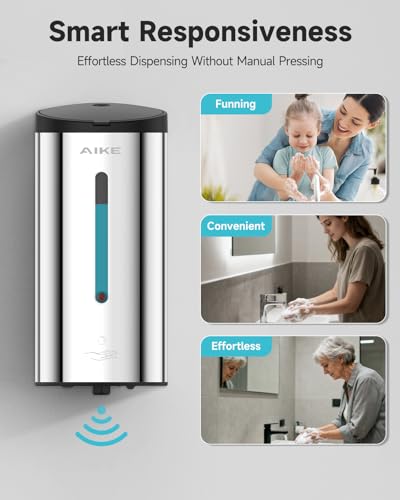 AIKE Automatic Foam Soap Dispenser 25oz for Bathroom,Polished AK1205FA | Rich Foam and Stainless Steel,No-drill and Screw Wall Mount,5-Level Adjustable and Key for Commercial(Batteries Not Included) - color: Polished Stainless Steel