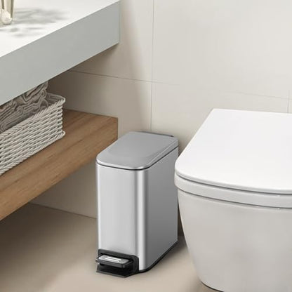 Cesun Small Bathroom Trash Can with Lid, 1.6 Gal, Soft Close, Sliver | Step pedal soft close, Slim 5.9in fits narrow spaces, Stainless steel, Anti-fingerprint, Removable inner bucket, Odor seal - color: Silver