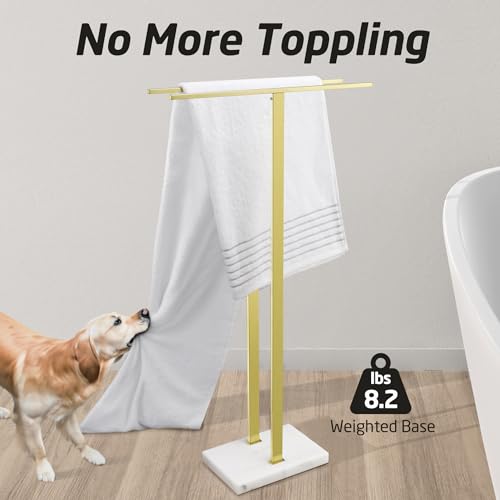 KES Brushed Gold Standing Towel Rack, 37" H, Heavy Marble Base, Bathroom | Brushed Finish, T-Bar Design, Hangs Large Towels, Anti-Slip Pads, Easy No-Drill Assembly - color: Gold, size: 37" H (Equal-height)