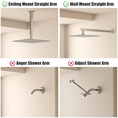 12" Rain Shower Head High Pressure Rainfall Shower Head Brushed Nickel | Square Rain Bathroom Showerhead, High Flow, Large Stainless Steel, Ceiling Mounted, Wall Mounted, Waterfall Full Body - color: Brushed Nickel, size: 12 Inch