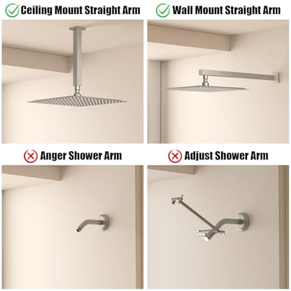 12" Rain Shower Head High Pressure Rainfall Shower Head Brushed Nickel | Square Rain Bathroom Showerhead, High Flow, Large Stainless Steel, Ceiling Mounted, Wall Mounted, Waterfall Full Body - color: Brushed Nickel, size: 12 Inch