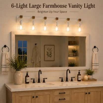 Farmhouse Vanity Light Fixture,6-Light Bathroom Lighting,White Modern Wood Wall Light Over Mirror with Metal Shade,LED Bulbs Not Included - color: White, size: 6-Light-Wide 44"