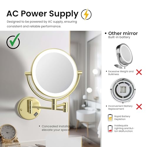 KIBI Circular Wall Mount Makeup Mirror with LED Lights, Dual-Sided 1x/5x Magnifying Mirror with Adjustable Arm, 360° Swivel, Solid Brass Construction for Durability and Style (Brushed Gold, KMM101) - color: Brushed Gold