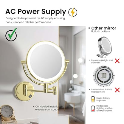 KIBI Circular Wall Mount Makeup Mirror with LED Lights, Dual-Sided 1x/5x Magnifying Mirror with Adjustable Arm, 360° Swivel, Solid Brass Construction for Durability and Style (Brushed Gold, KMM101) - color: Brushed Gold
