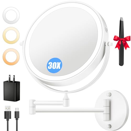 Auxmir 9″ 5000mAh 1X/30X Wall Mounted Lighted Magnifying Makeup Mirror | Power Adapter&2 Tweezers Included/ 3 Dimmable Colors/ Dual Sided Button Control/ Rechargeable/ 360° Rotation Extended Arm - color: 9'' 30x-white+adapter