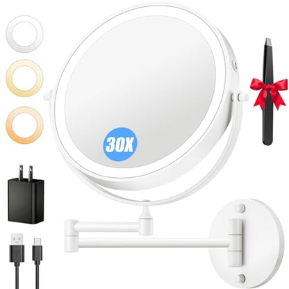 Auxmir 9″ 5000mAh 1X/30X Wall Mounted Lighted Magnifying Makeup Mirror | Power Adapter&2 Tweezers Included/ 3 Dimmable Colors/ Dual Sided Button Control/ Rechargeable/ 360° Rotation Extended Arm - color: 9'' 30x-white+adapter